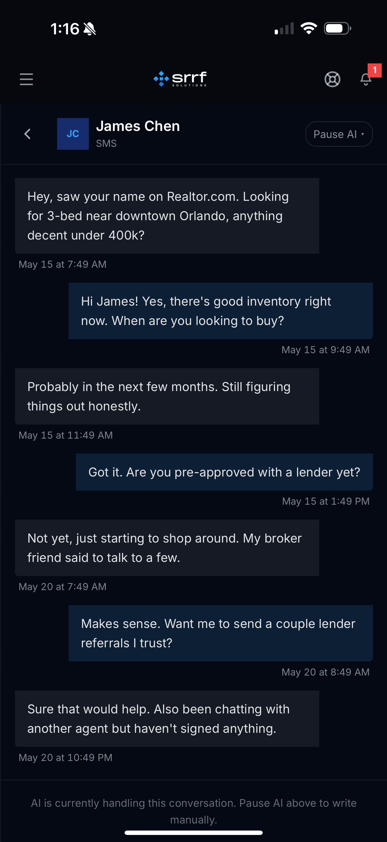 SRRF portal β the AI answering a real estate lead by SMS in the agent's voice