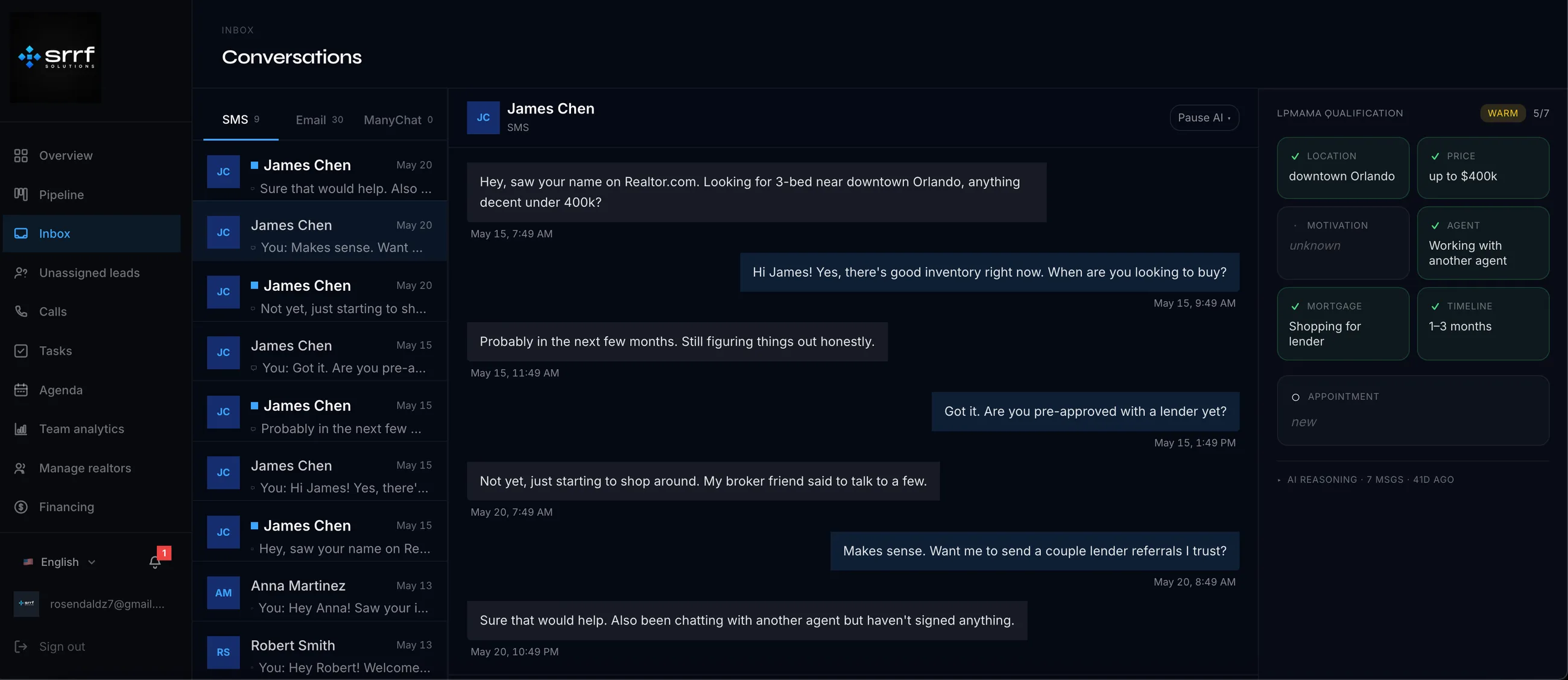 SRRF portal inbox showing SMS, Email, and ManyChat conversations with LPMAMA qualification scoring, AI reasoning, and a Pause AI control